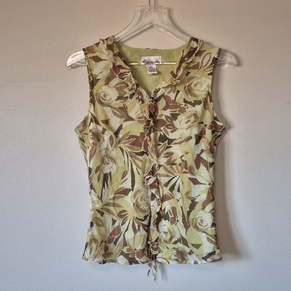 Vintage Tops - Vintage 90s Retro Silk Floral Ruffle Sleeveless Top Green Brown, Size M, Fairy